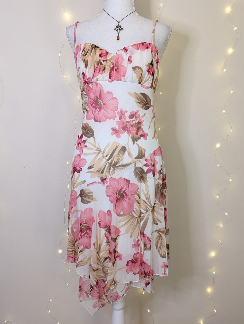 Y2K Pink Floral Mesh Handkerchief Hem Dress